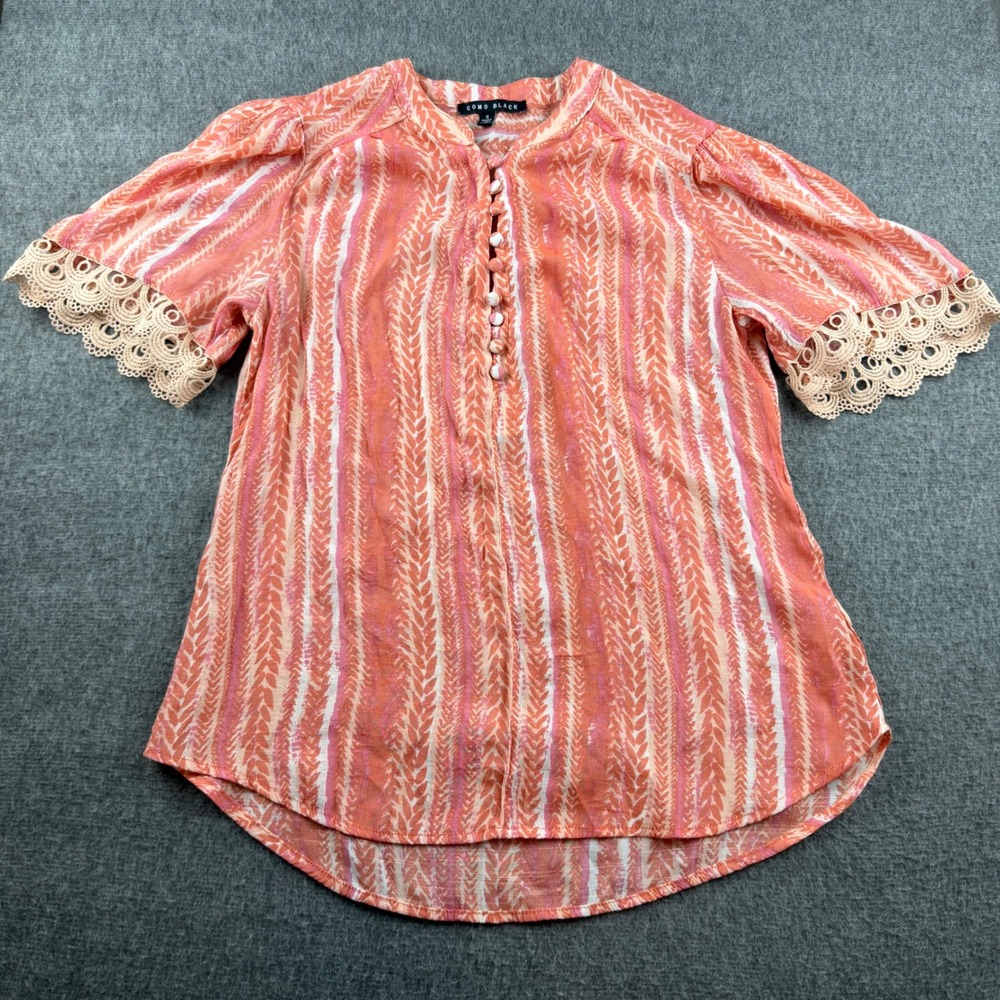 Como Black Blouse Womens Size S‎ Coral Pink Striped Crochet Lace Trim M2U148BC